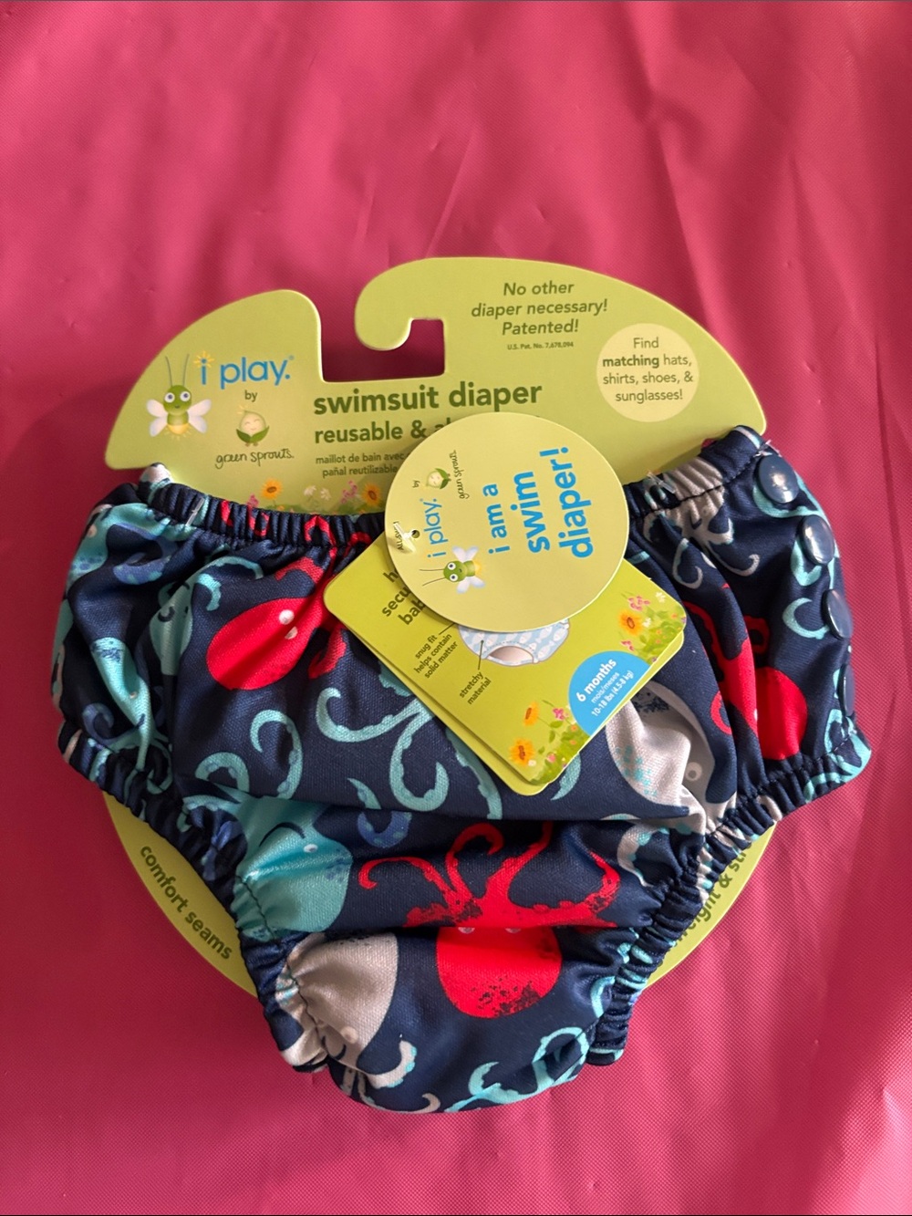i play. Navy Swim Diaper with Red and Teal Octopus Print